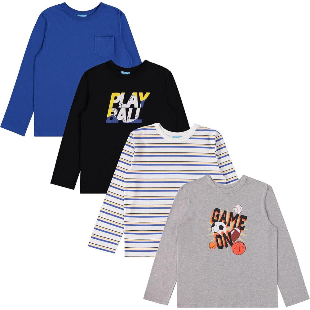 imageBCOOL 4 Pack Long Sleeve Shirts for Boys Kids Cotton Blend Plain Printed Tshirts Full Sleeved Crewneck TeesBlack