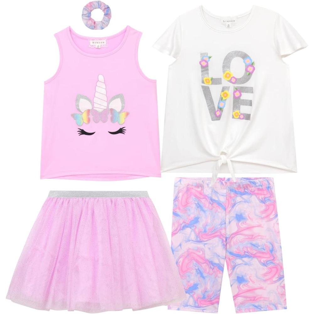imageBTween Girls 4 Pack Floral Fashion Summer Clothes Set  Tutu Skirt Tank Top Short Sleeve and Biker ShortsPnktl