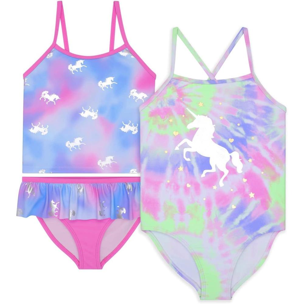 imageBTween Girls One Piece Bathing Suit 2 Piece Tankini Swimsuit Set Kids Cute Swimwear Mermaid Rainbow Unicorn or ButterflyTurq