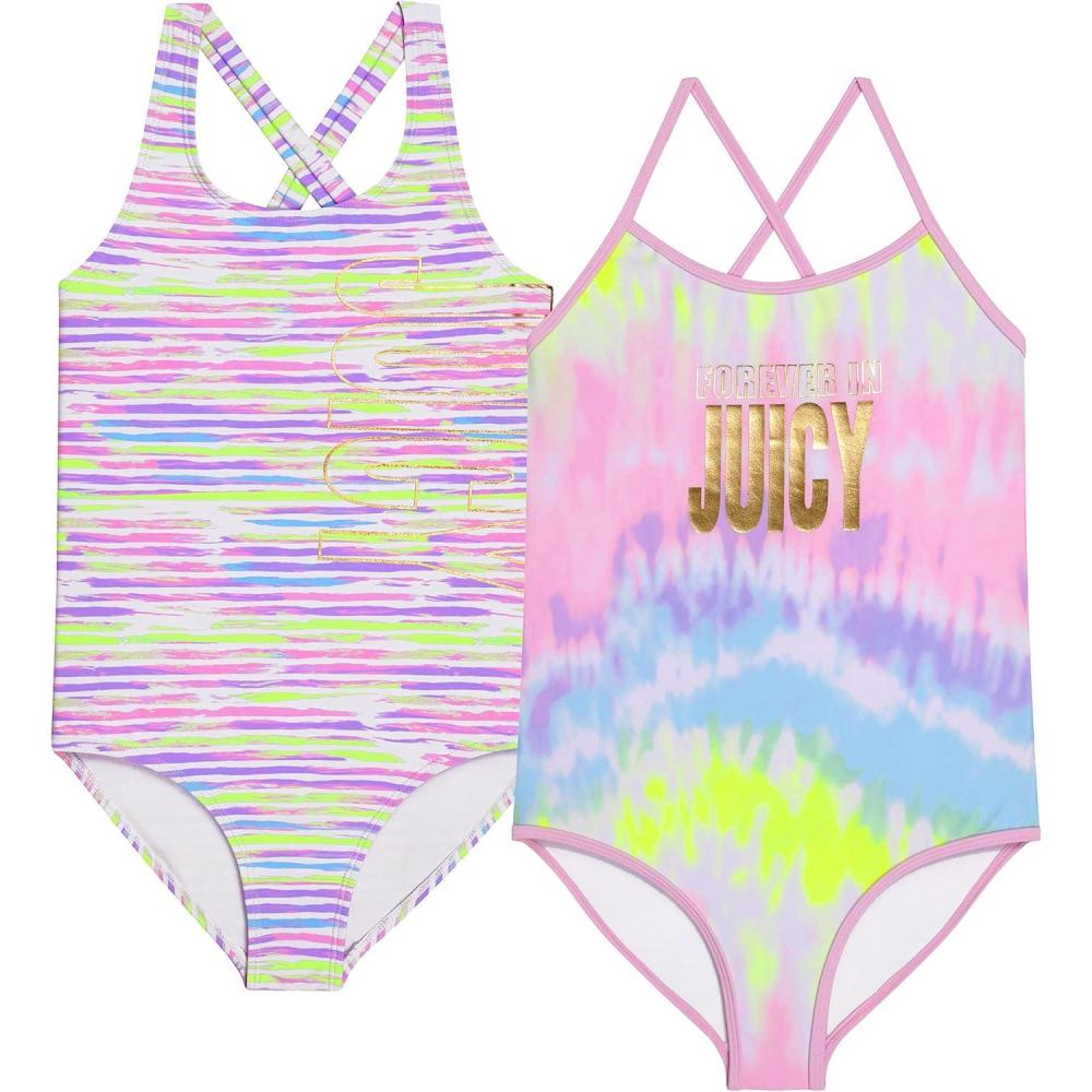 imageJuicy Couture Girls 2 Pack One Piece Swimsuit Set Kids Bathing Suit Swimwear Cute Ombre Tie Dye Tropical Print Beach WearPink