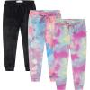 BTween Girls 3 Pack Velour Jogger Pant Set Solid, Tie Dye or Camo Sweatpants for Girls(Black)