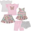 BTween Girls 6-Pack Casual Outfit Bundle with Ruffle Sleeve Tees, Peplum Tank Top, Skirt, Dolphin and Biker Shorts(Snowh)