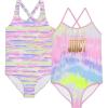 Juicy Couture Girls 2 Pack One Piece Swimsuit Set, Kids Bathing Suit Swimwear, Cute Ombre Tie Dye Tropical Print Beach Wear(Pink)