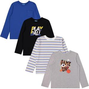 BCOOL 4 Pack Long Sleeve Shirts for Boys, Kids Cotton Blend Plain Printed Tshirts, Full Sleeved Crewneck Tees(Black)