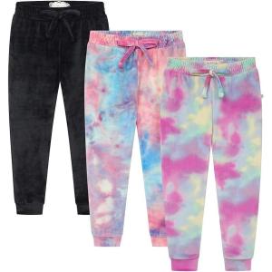 BTween Girls 3 Pack Velour Jogger Pant Set Solid, Tie Dye or Camo Sweatpants for Girls(Black)
