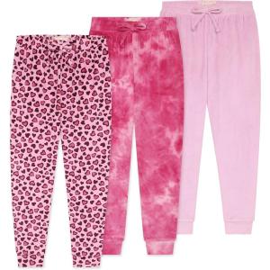 BTween Girls 3 Pack Velour Jogger Pant Set Solid, Tie Dye or Camo Sweatpants for Girls(Leop)