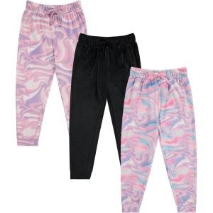 BTween Girls 3 Pack Velour Jogger Pant Set Solid, Tie Dye or Camo Sweatpants for Girls(Marbl)