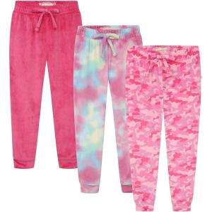 BTween Girls 3 Pack Velour Jogger Pant Set Solid, Tie Dye or Camo Sweatpants for Girls(Pink)