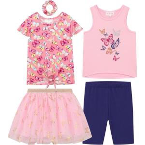 BTween Girls 4 Pack Floral Fashion Summer Clothes Set – Tutu Skirt Tank Top Short Sleeve and Biker Shorts(Blush)