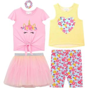 BTween Girls 4 Pack Floral Fashion Summer Clothes Set – Tutu Skirt Tank Top Short Sleeve and Biker Shorts(Fair)