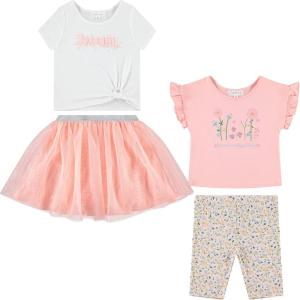 BTween Girls 4 Pack Floral Fashion Summer Clothes Set – Tutu Skirt Tank Top Short Sleeve and Biker Shorts(Pink)