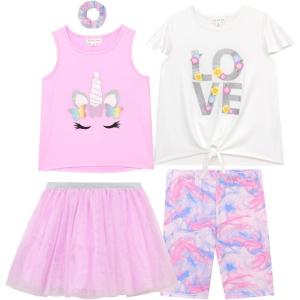 BTween Girls 4 Pack Floral Fashion Summer Clothes Set – Tutu Skirt Tank Top Short Sleeve and Biker Shorts(Pnktl)