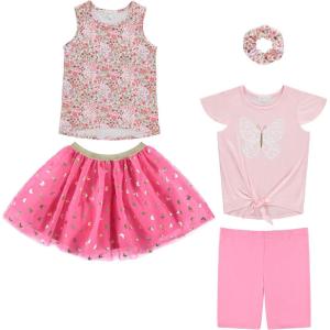 BTween Girls 4 Pack Floral Fashion Summer Clothes Set – Tutu Skirt Tank Top Short Sleeve and Biker Shorts(Sachp)