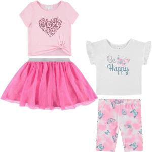 BTween Girls 4 Pack Floral Fashion Summer Clothes Set – Tutu Skirt Tank Top Short Sleeve and Biker Shorts(Snowh)