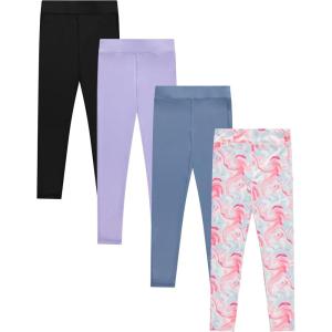 BTween Girls 4 Pack Leggings Set, Exercise, Sports Tights with Wide Waistband for Girls(Leopd)
