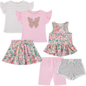 BTween Girls 6-Pack Casual Outfit Bundle with Ruffle Sleeve Tees, Peplum Tank Top, Skirt, Dolphin and Biker Shorts(Snowh)