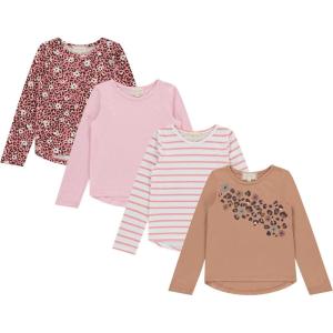 Girls Long Sleeve Fall Graphic Tops, School Sports Tees, 4 Pack Multiple Pattern Tshirts(Brown)