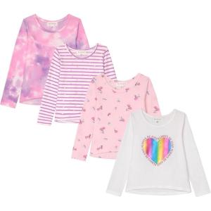 Girls Long Sleeve Fall Graphic Tops, School Sports Tees, 4 Pack Multiple Pattern Tshirts(Ivory)