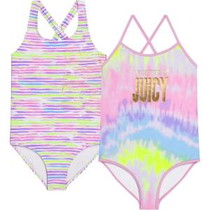 Juicy Couture Girls 2 Pack One Piece Swimsuit Set, Kids Bathing Suit Swimwear, Cute Ombre Tie Dye Tropical Print Beach Wear(Pink)