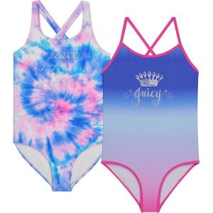 Juicy Couture Girls 2 Pack One Piece Swimsuit Set, Kids Bathing Suit Swimwear, Cute Ombre Tie Dye Tropical Print Beach Wear(Tdye)