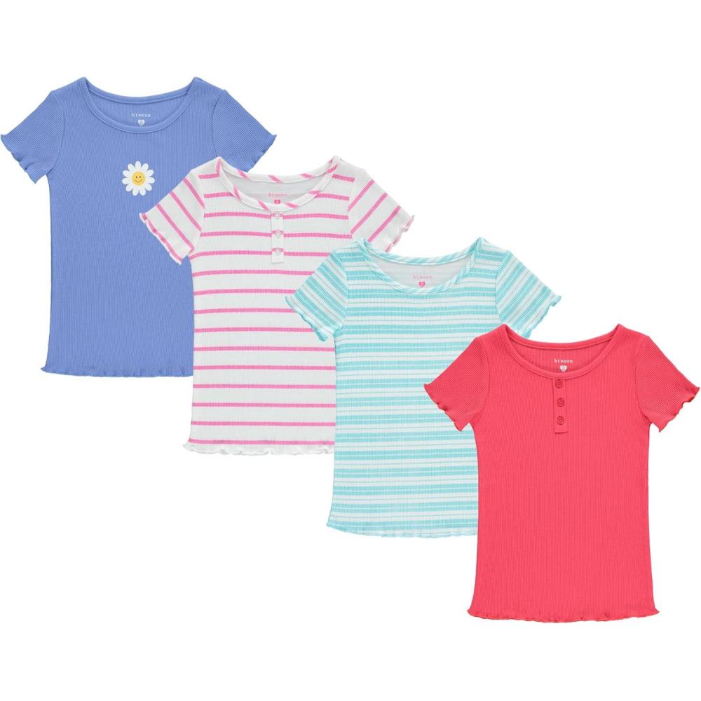 imageBTween 4 Pack Rib Knit Girls Tops Short Sleeve Lettuce Trim Ribbed Girl Shirts Stripe Floral SolidStraw