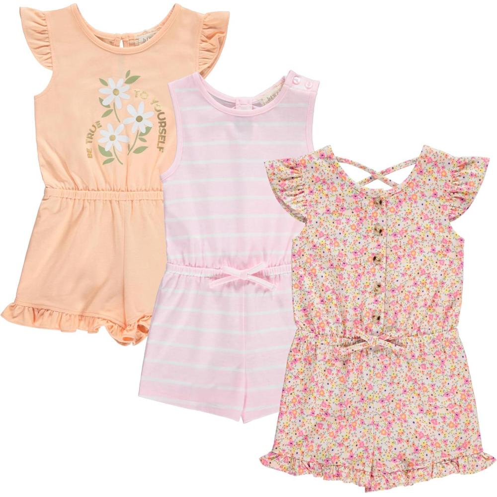 imageBTween Girls 3 Pack Romper Set Cute Comfy Sleeveless Summer Jumpsuits for Kids Floral Striped Solid Designs 416Flora