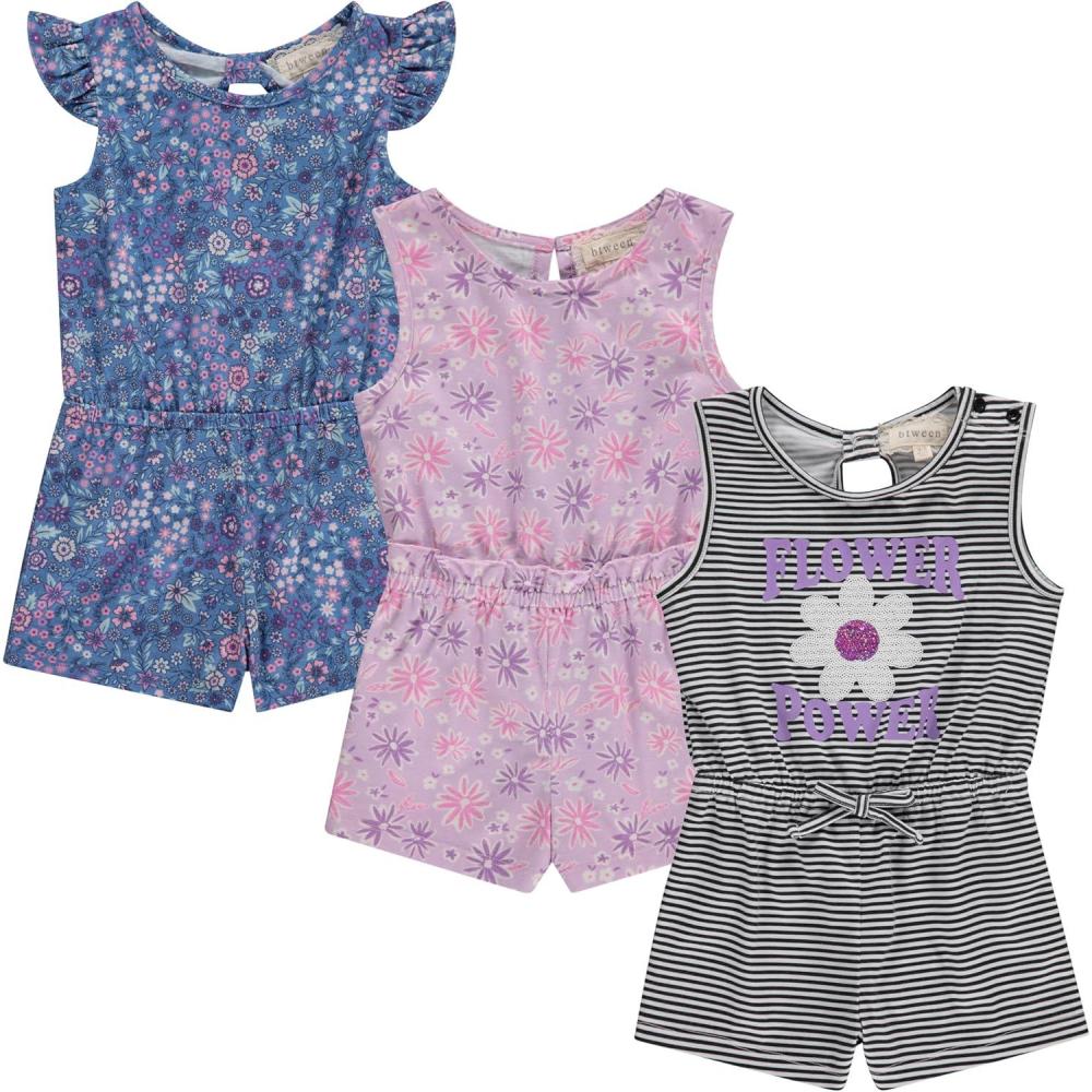 imageBTween Girls 3 Pack Romper Set Cute Comfy Sleeveless Summer Jumpsuits for Kids Floral Striped Solid Designs 416Flowr