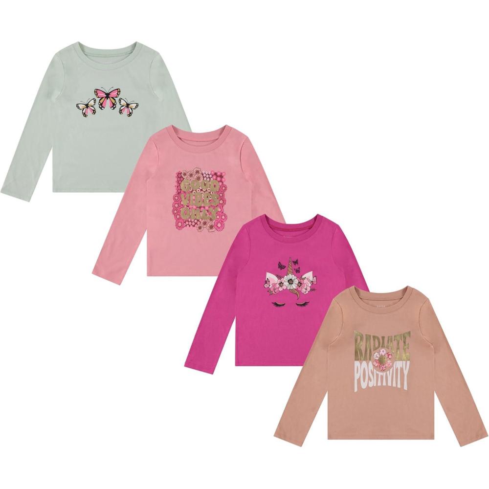 imageBTween Girls 4 Pack Long Sleeve Graphic TShirts Cotton Blend Fun Vibrant DesignsGreen