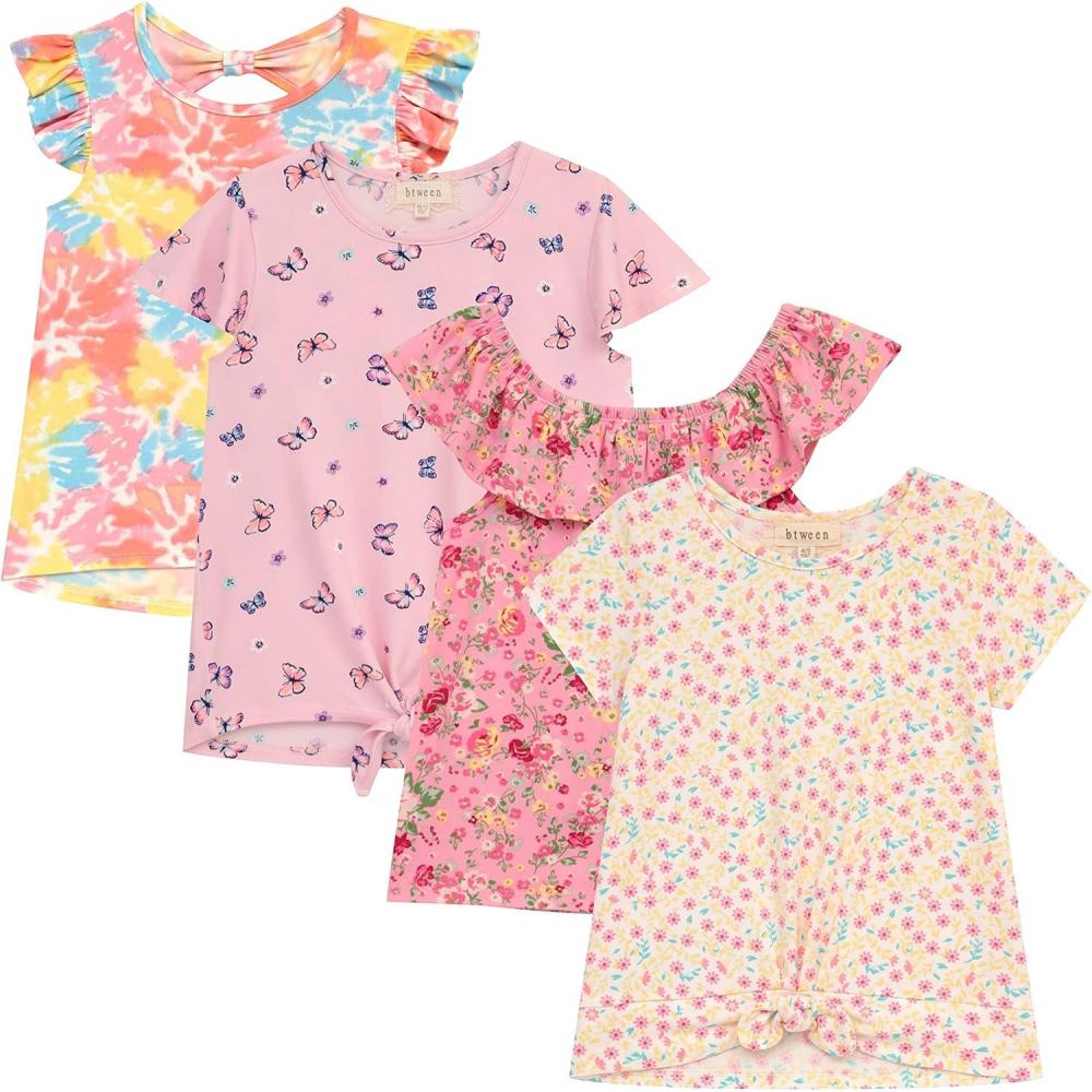 imageBTween Girls 4 Piece Fashion Tops Short Sleeve TShirt Casual Daily Shirt for Kids Assorted ColorsBufly