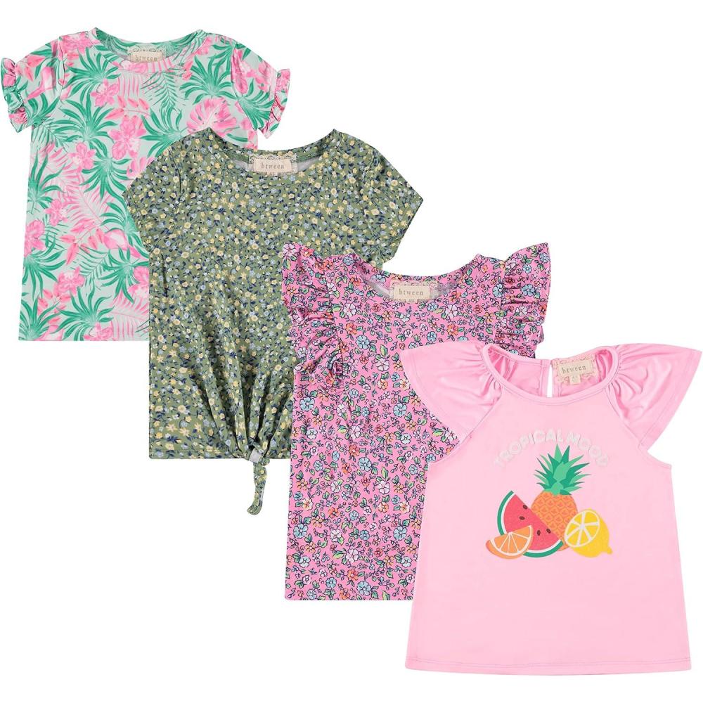 imageBTween Girls 4 Piece Fashion Tops Short Sleeve TShirt Casual Daily Shirt for Kids Assorted ColorsDflor