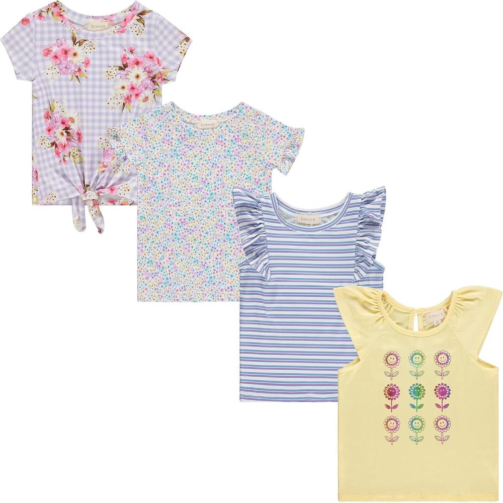 imageBTween Girls 4 Piece Fashion Tops Short Sleeve TShirt Casual Daily Shirt for Kids Assorted ColorsGingh