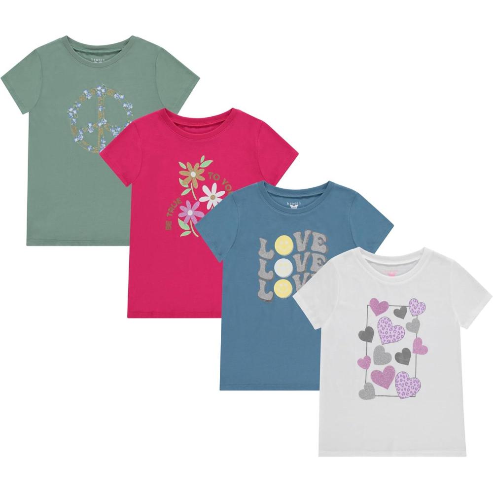imageBTween Girls 4 Piece Tops Fashionable Short Sleeve TShirt Casual Daily Shirt for Kids Assorted ColorsGreen 1