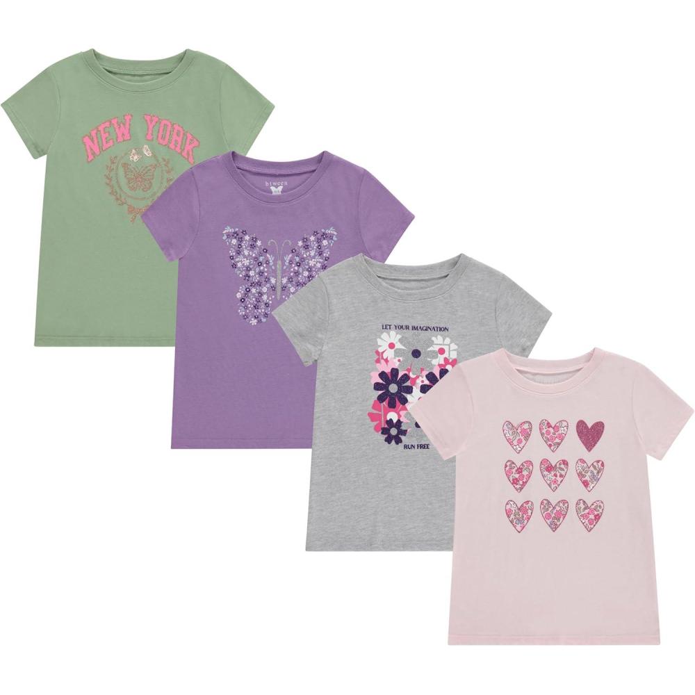 imageBTween Girls 4 Piece Tops Fashionable Short Sleeve TShirt Casual Daily Shirt for Kids Assorted ColorsHgrey 1