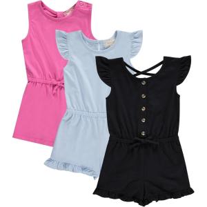 BTween Girls 3 Pack Romper Set Cute Comfy Sleeveless Summer Jumpsuits for Kids Floral, Striped Solid Designs (4-16)(Basic)
