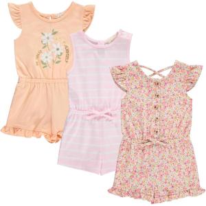 BTween Girls 3 Pack Romper Set Cute Comfy Sleeveless Summer Jumpsuits for Kids Floral, Striped Solid Designs (4-16)(Flora)