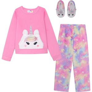 BTween Girls 3 Pack Sleepwear Set, Llamacorn Sweater and Slip-ons with RainbowithVelour Pajama Bottoms