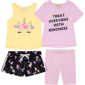 BTween Girls 4 Pack Fashion Summer Clothes Set Shorts Tank Top Short Sleeve and Biker Shorts(Pink)