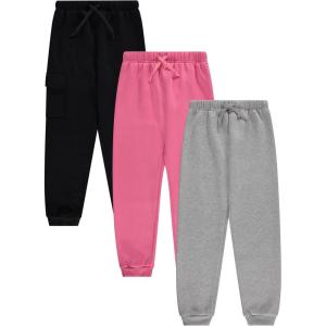 Girls Cotton Blend Jogger Pants Set Comfortable, Stylish, and Durable Pack of 3 with Drawstring(Rose)