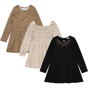 BTween Girls Long Sleeve Dresses, 3 Pack Soft Cotton Casual Dresses for Kids(Black)