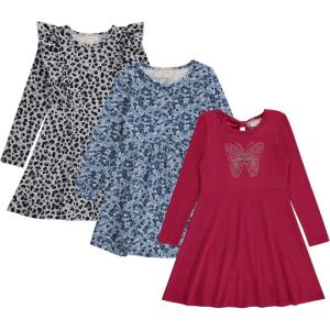 BTween Girls Long Sleeve Dresses, 3 Pack Soft Cotton Casual Dresses for Kids(Ceris)