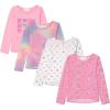 Girls Long Sleeve Fall Graphic Tops, School Sports Tees, 4 Pack Multiple Pattern Tshirts(Pink)