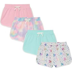 BTween Girls 4 Piece Active Performance Dolphin Shorts with Faux Drawstring, Sports Running Shorts for Kids(Pink-pink)
