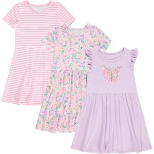 BTween Girls Dresses 3 Pack Short Sleeve Skater, Tiered & Ruffle Sleeve Dresses, Soft Brushed ITY Fabric(Laven)