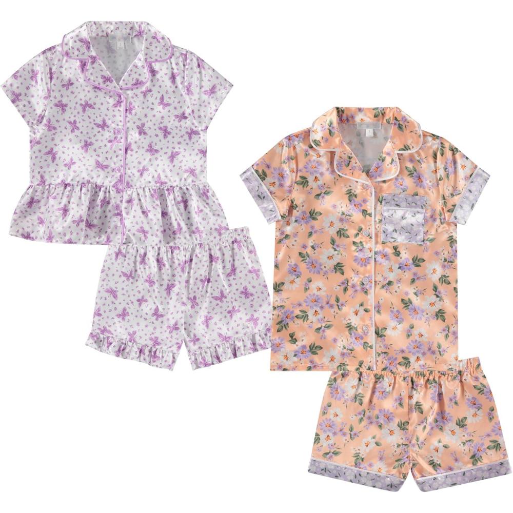 image:imageBTween Girls Satin Pajama Set 4 Pack Short Sleeve ButtonDown Sleepwear for Kids Soft and Breathable NightwearFlowr