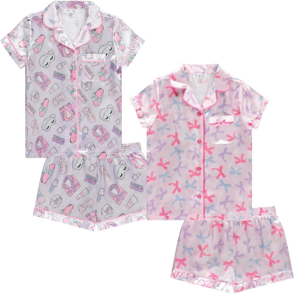 image:imageBTween Girls Satin Pajama Set 4 Pack Short Sleeve ButtonDown Sleepwear for Kids Soft and Breathable NightwearSpa