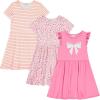 BTween Girls Dresses 3 Pack Short Sleeve Skater, Tiered & Ruffle Sleeve Dresses, Soft Brushed ITY Fabric(Pink)