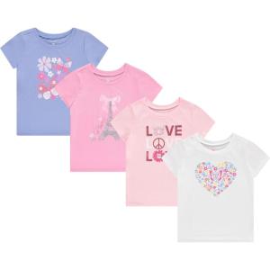 BTween Girls 4 Piece Tops Fashionable Short Sleeve T-Shirt Casual Daily Shirt for Kids Assorted Colors(Bpink)