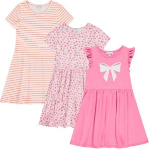 BTween Girls Dresses 3 Pack Short Sleeve Skater, Tiered & Ruffle Sleeve Dresses, Soft Brushed ITY Fabric(Pink)
