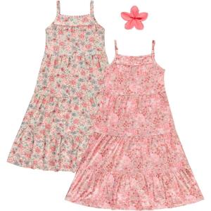BTween Girls Maxi Dresses 2 Pack Sleeveless Floral Tiered Summer Dresses, Lightweight Soft Fabric, Casual Spring(Flora)