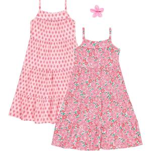 BTween Girls Maxi Dresses 2 Pack Sleeveless Floral Tiered Summer Dresses, Lightweight Soft Fabric, Casual Spring(Sunb)